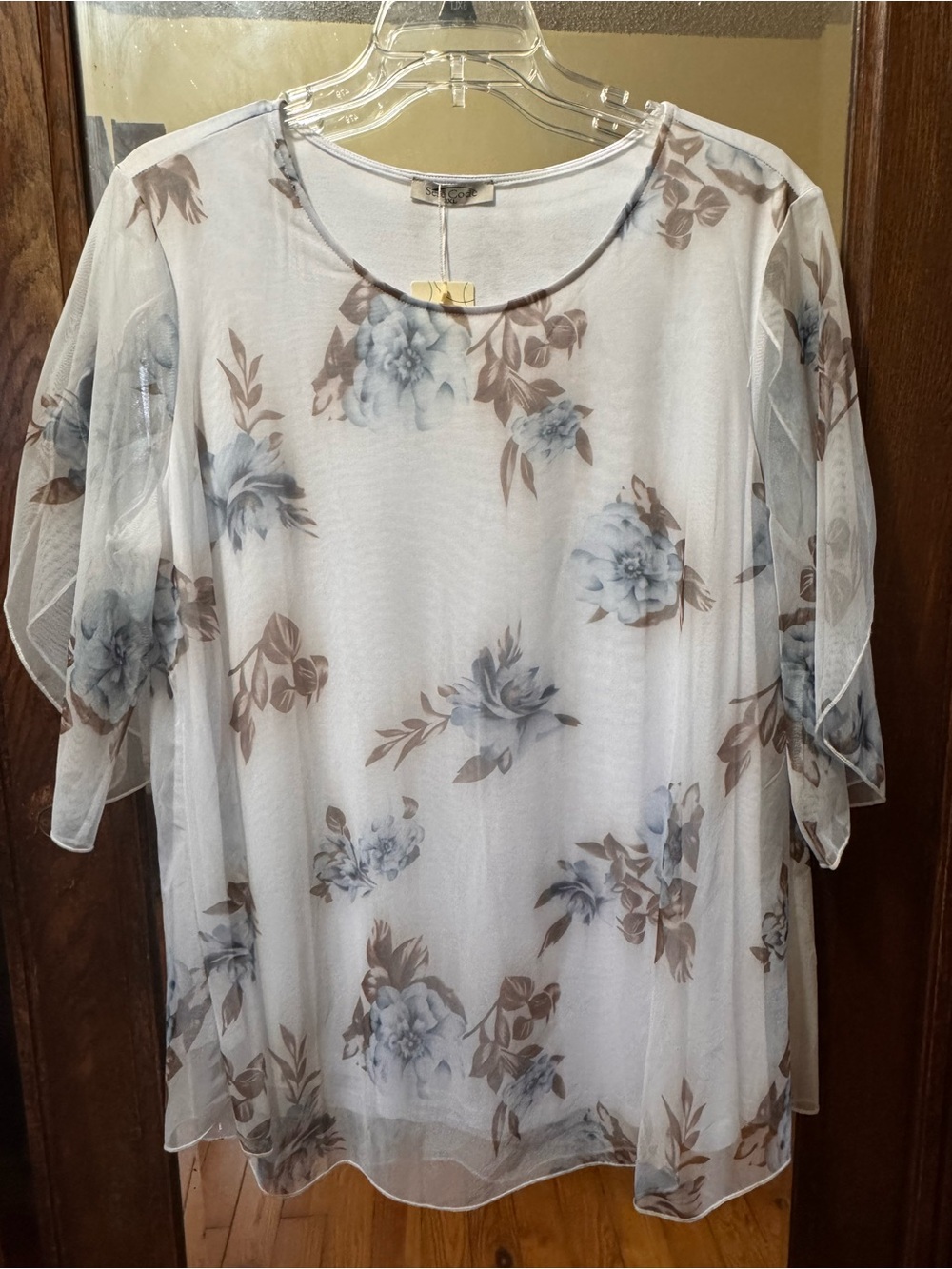 Feminine Sheer White and Blue Floral Lined Tunic Featuring Bell 3/4 Sleeve